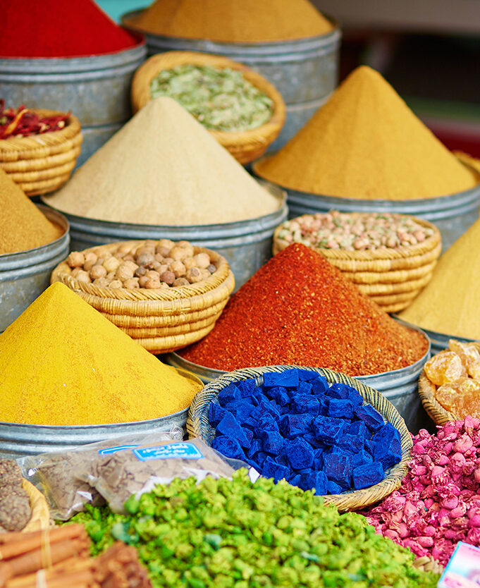 Spice stall in a Marrakech market, cones of cumin, paprika and ras el hanout