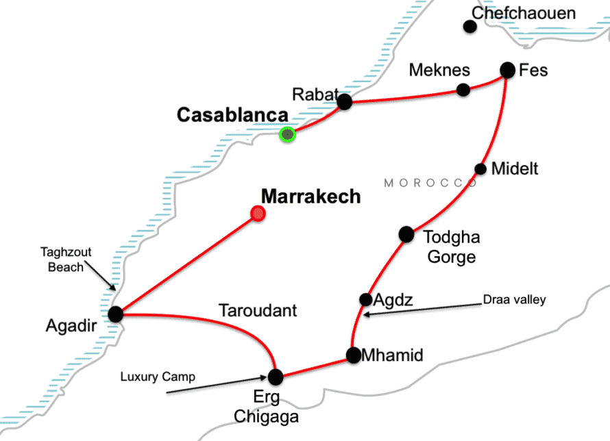 Route map of the 12-day Grand Morocco Adventure tour from Casablanca through Fes, Tinghir, Erg Chigaga, Agadir and Marrakech