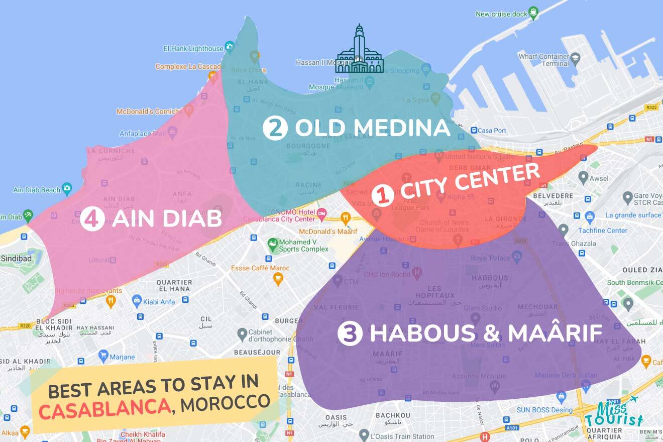 Casablanca city map showing main neighborhoods and where to stay