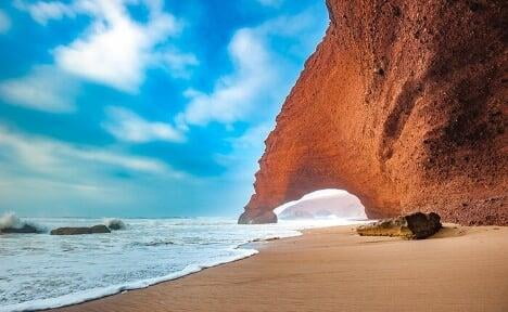 Legzira Beach and its natural sandstone arches on Morocco's Atlantic coast
