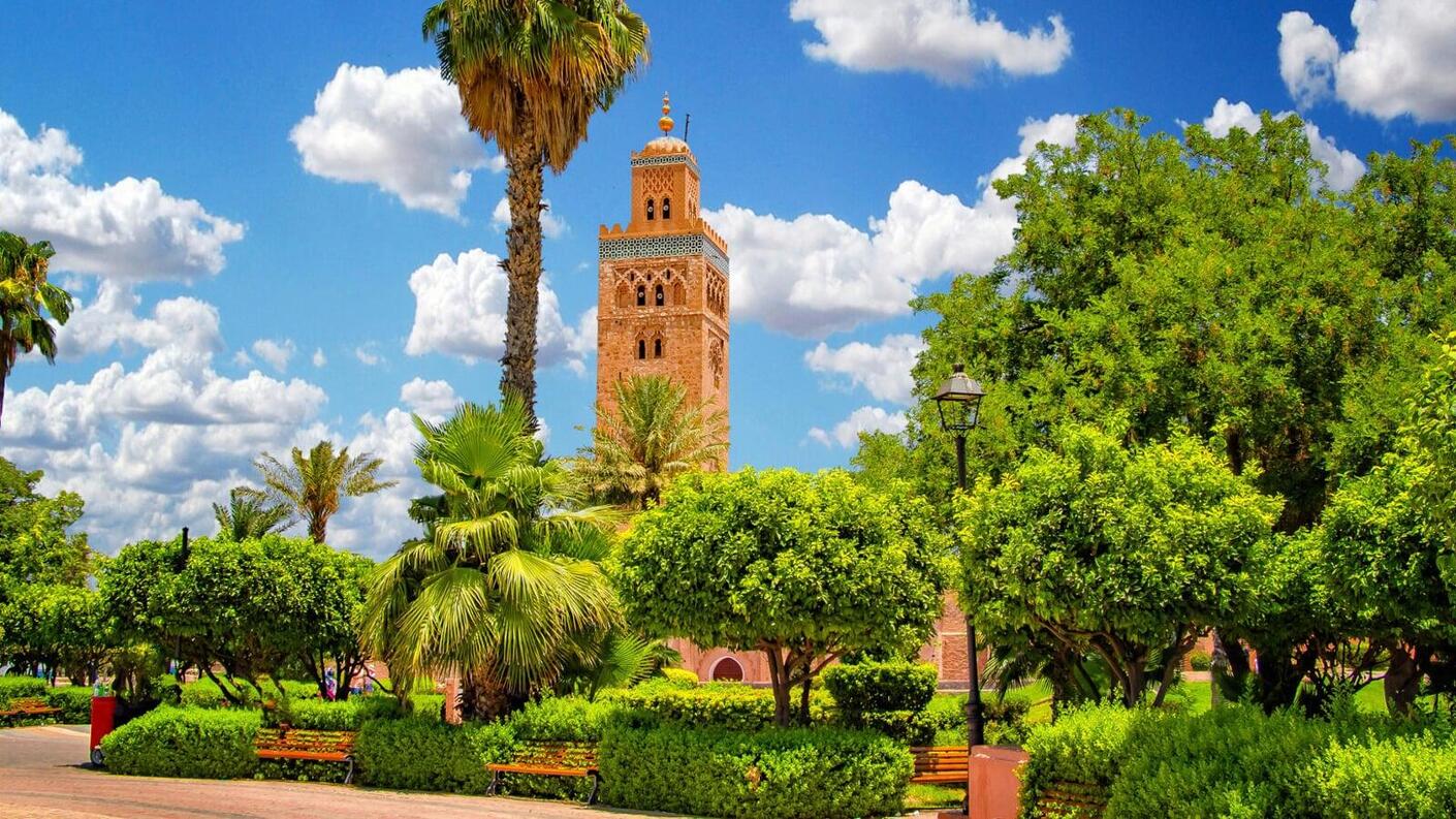 Koutoubia Mosque at sunset — Marrakech's iconic 12th-century minaret