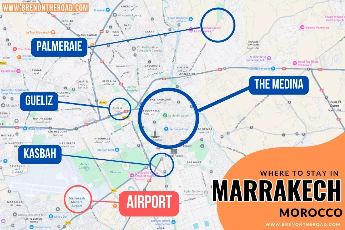 Marrakech map showing the medina, Gueliz, Hivernage and surrounding neighborhoods