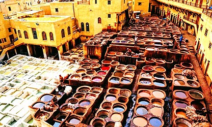 The Chouara leather tanneries in the Fes medina, with dyeing pits viewed from a terrace