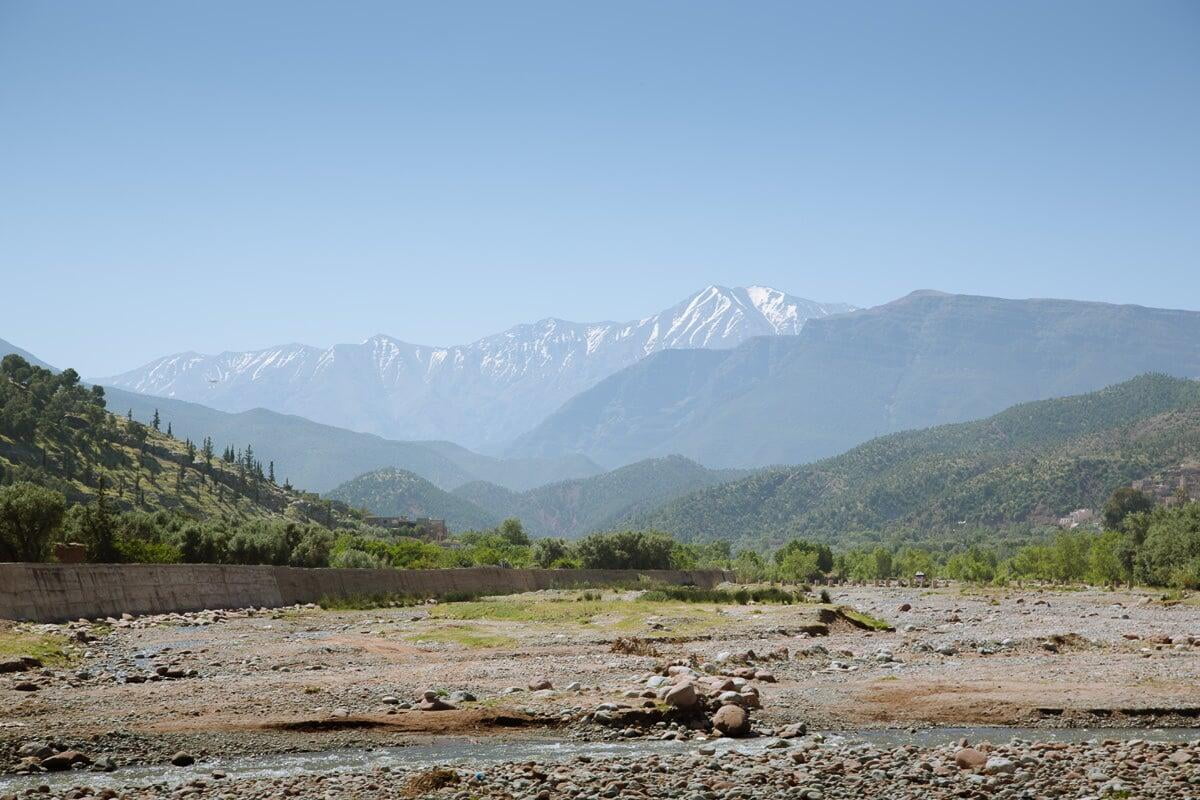 Ourika Valley lush green landscape with waterfalls in the Atlas Mountains